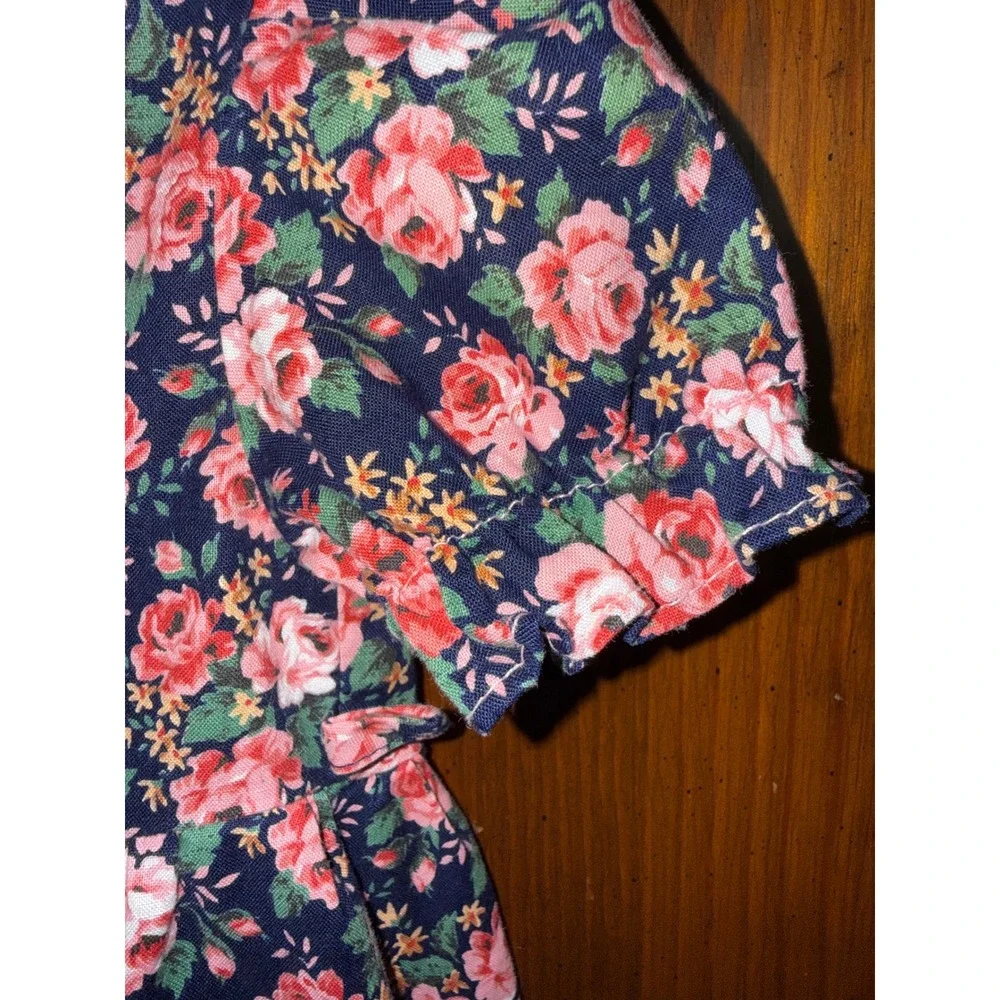 Vintage Winnie The Pooh Baby Girls Floral Romper Navy Pink Lace Collar 9 Months